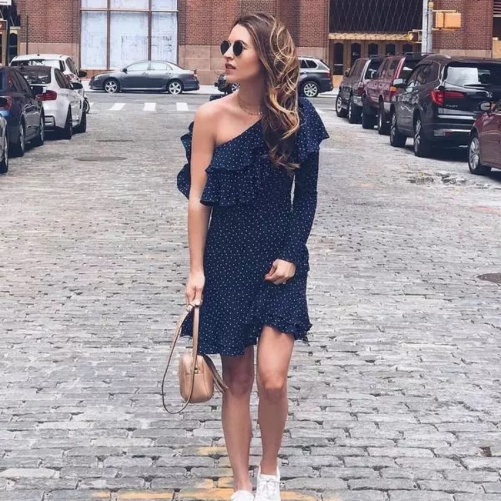 Wayf NWT Navy Polka Dot Dress